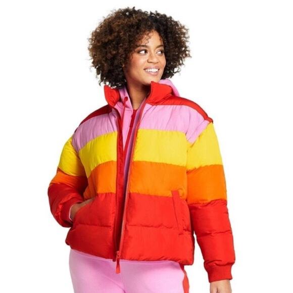 Lego x Target Colorblock Red Sunset Striped 2-in-1 Puffer Jacket / Vest L NWOT - Picture 1 of 9